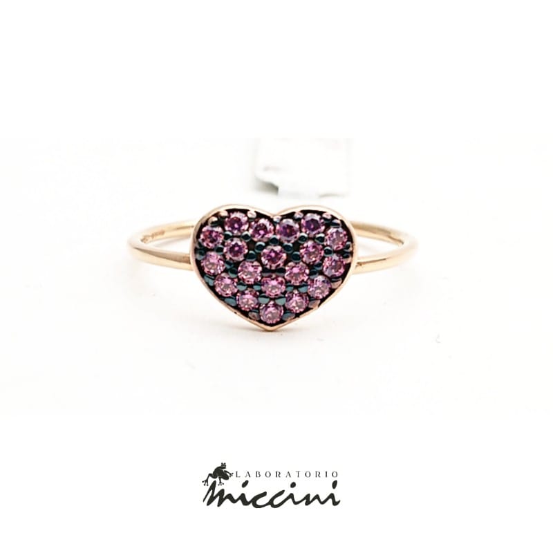 Anello cuore con zirconi rosa in oro rosa