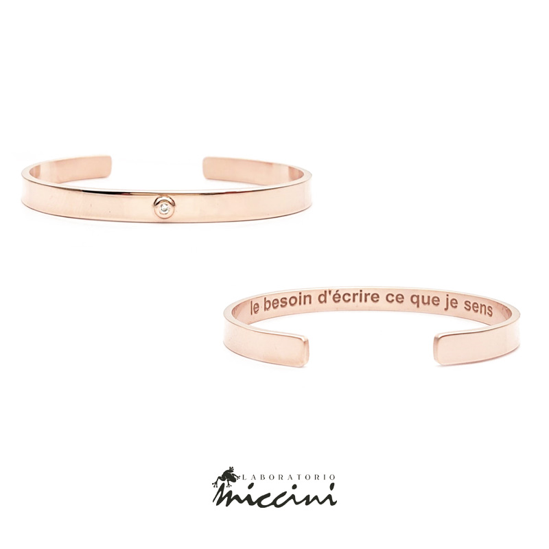 bracciale rigido in argento rosato con diamante ed incisione interna