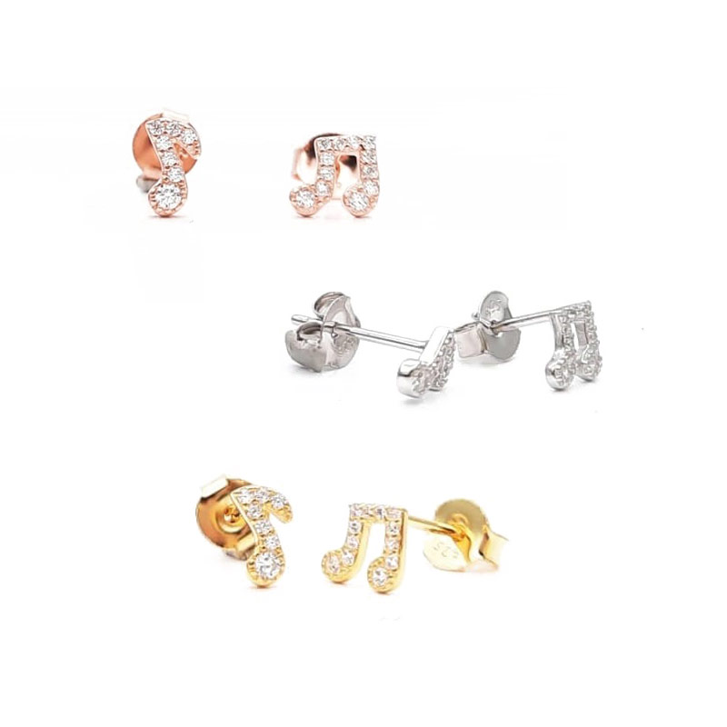orecchini in argento rodiato, rosato o dorato a forma di note musicali
