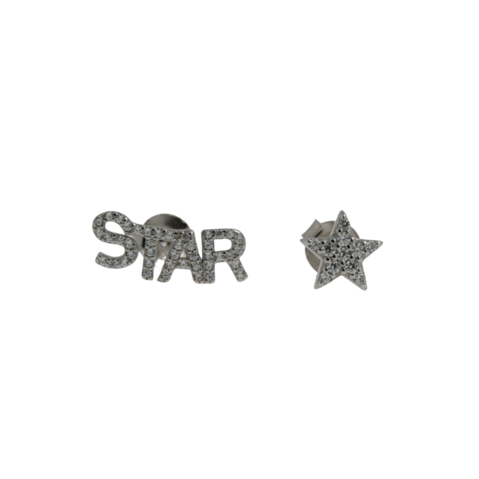 orecchini a bottone in argento e zirconi con scritta star e stella
