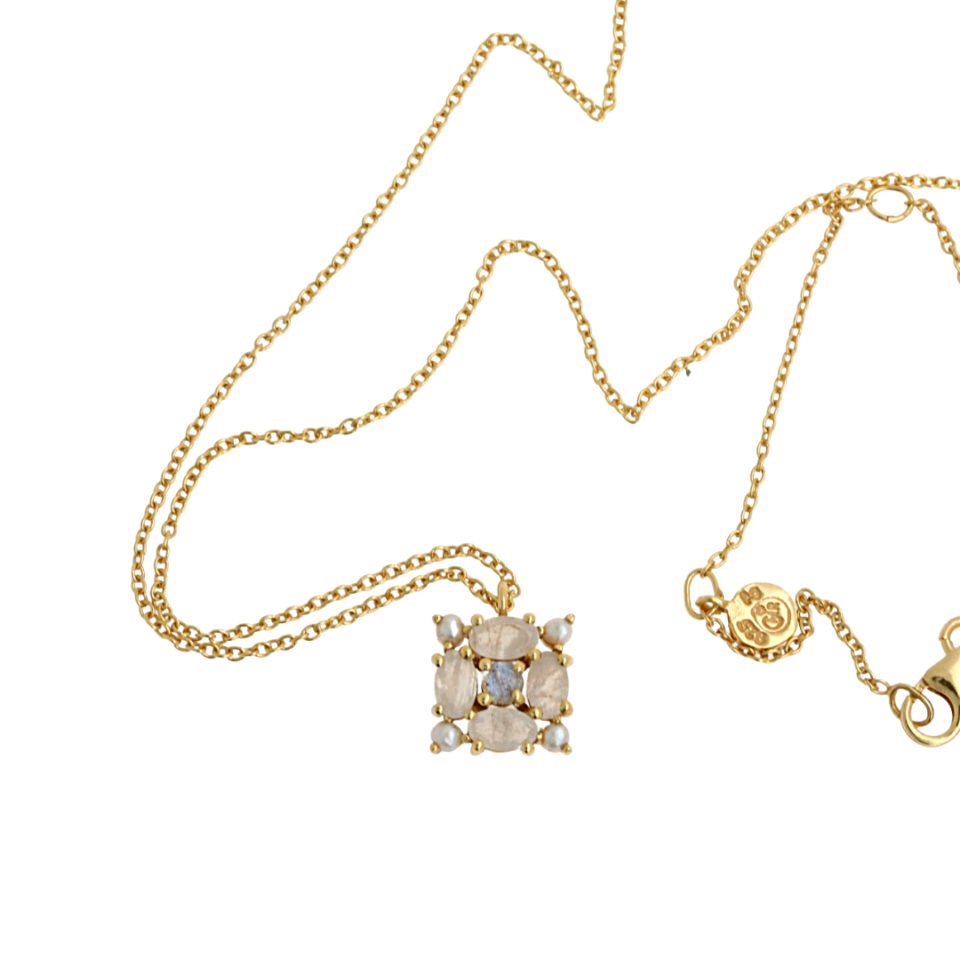 collana in argento dorato con perle, labradorite e pietra di luna