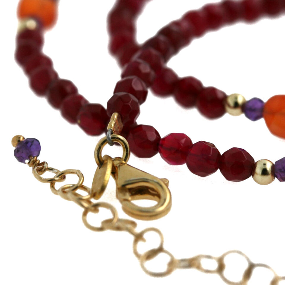 collana in argento dorato con agata, corniola e ametista naturali