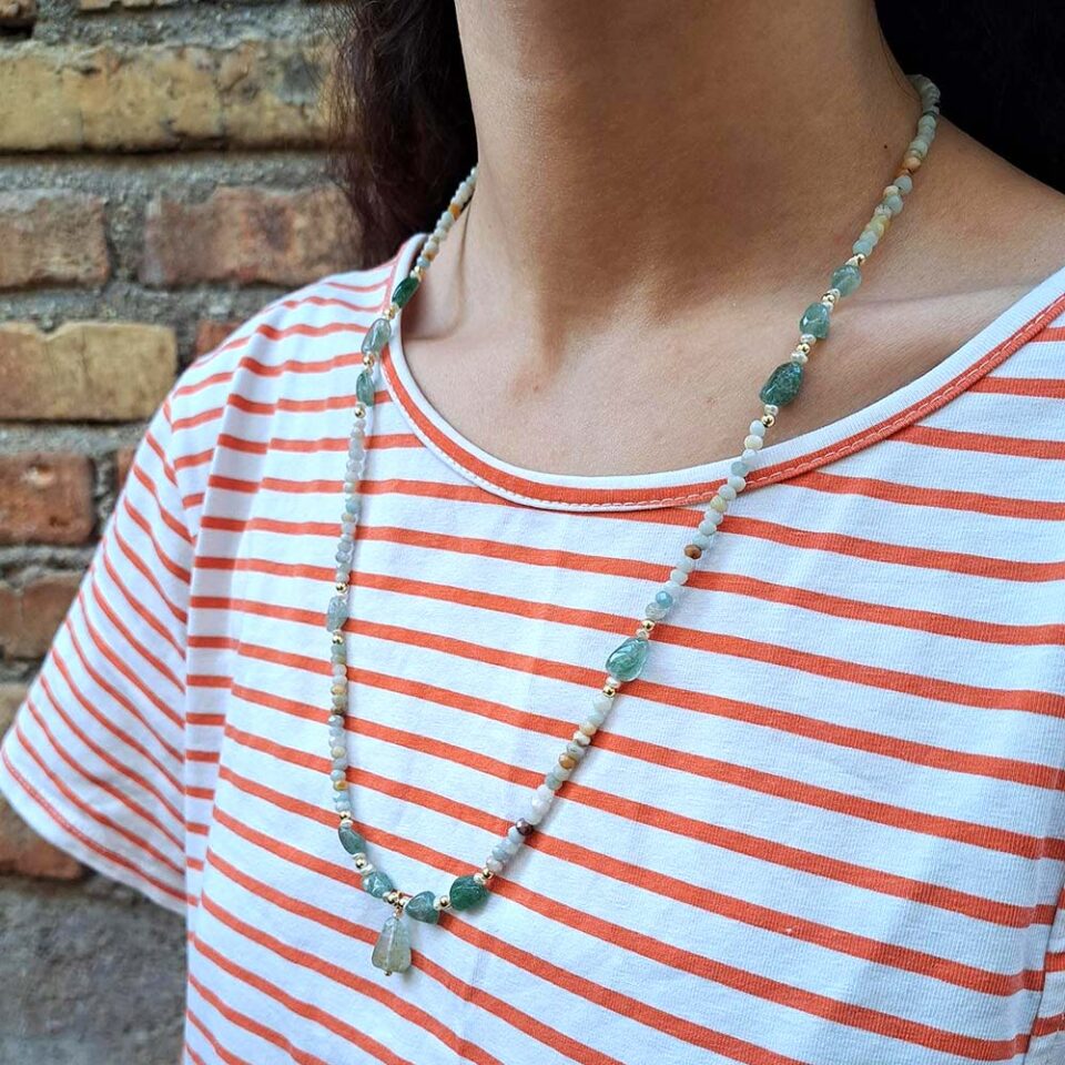 collana lunga con avventurina, amazzonite e perle