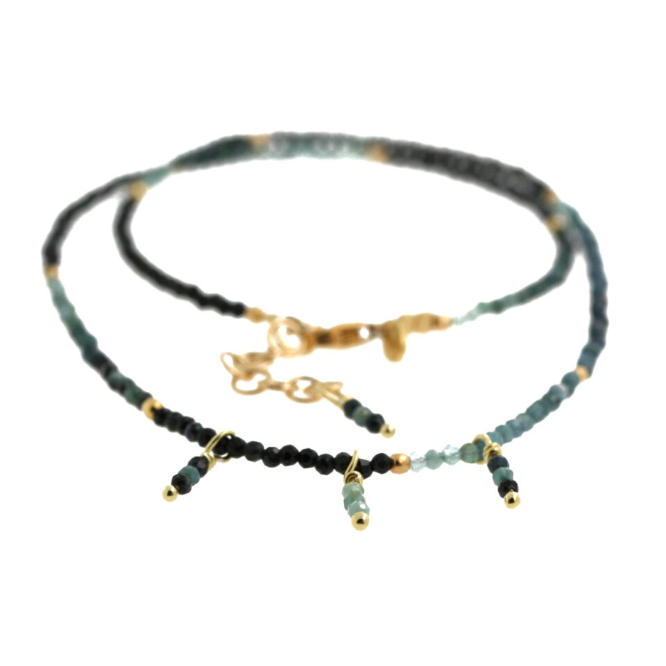 collana girocollo realizzata a mano con tormaline e componenti in argento dorato