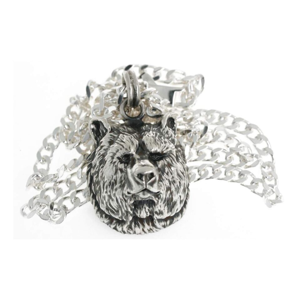 collana con ciondolo testa di orso e catena grumetta in argento 925