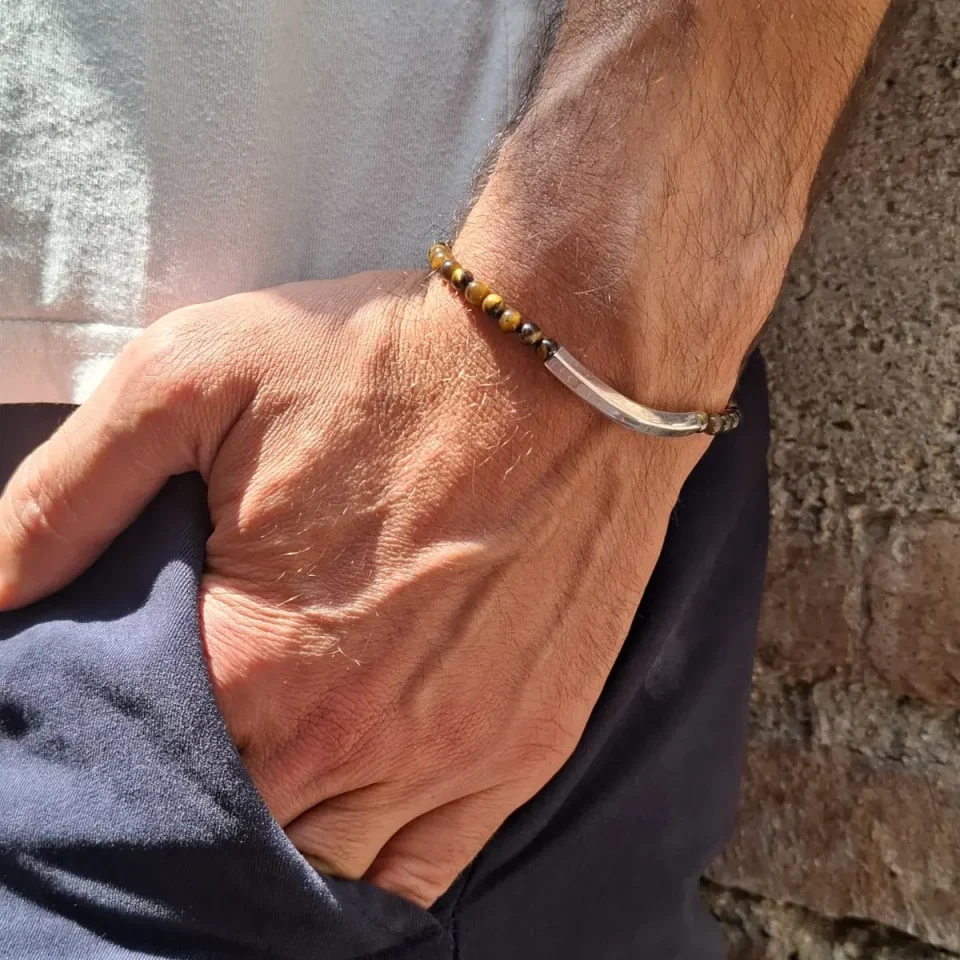 Bracciale personalizzabile in argento e occhio di tigre