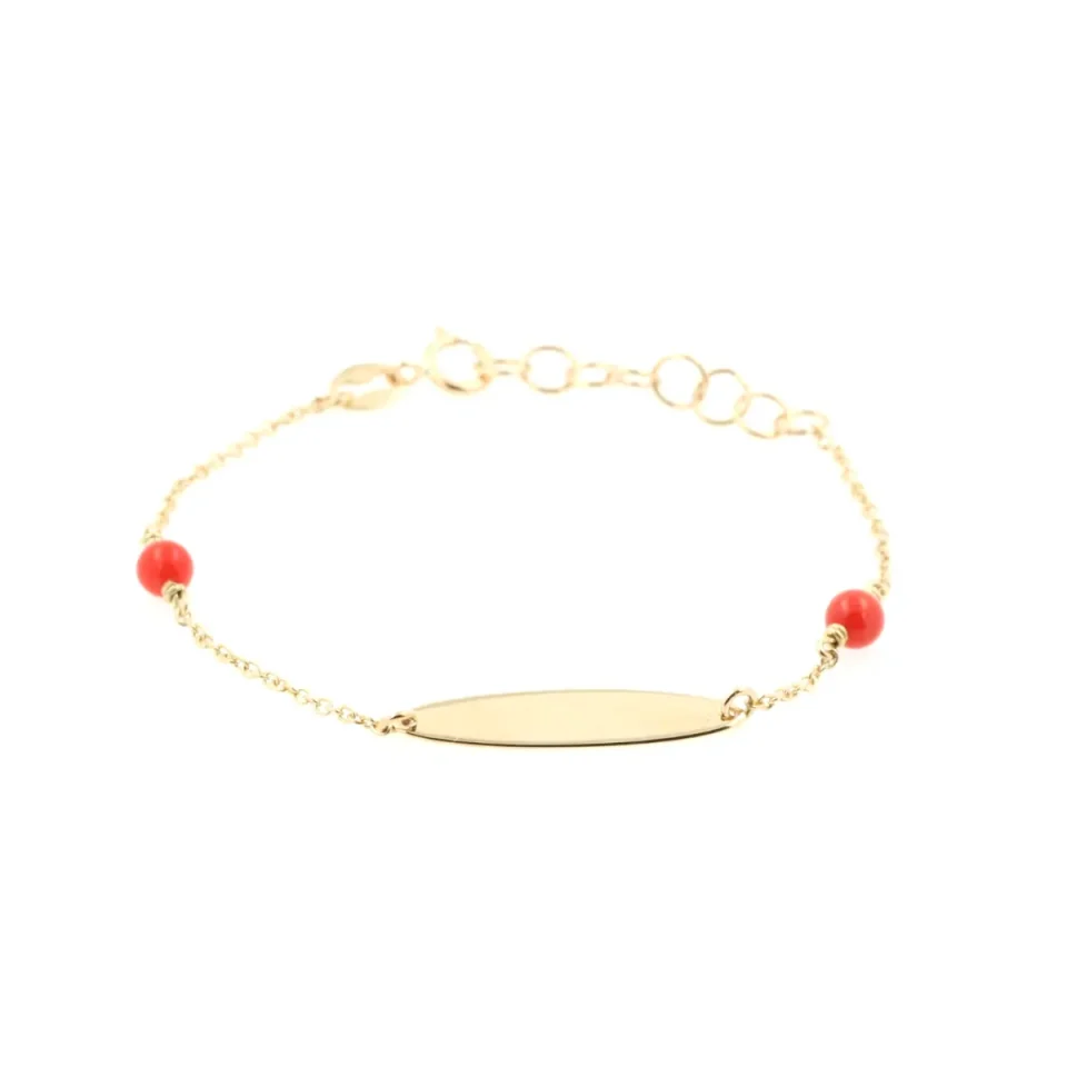 bracciale da neonato o battesimo in oro giallo con perle di corallo naturale