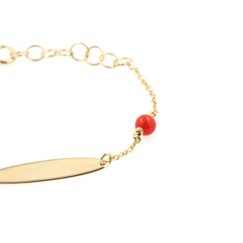 bracciale da neonato o battesimo in oro giallo e coralli con piastrina da incidere